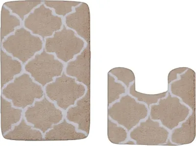 Image de Set de tapis de salle de bain, 2 pièces, antidérapant, motif géométrique, doux, à la mode, pour salle de bain, salon, décoration de la maison - Beige