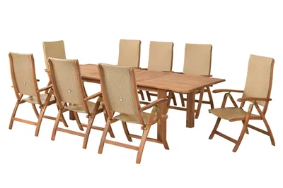A set of outdoor dining furniture, including a table and chairs, arranged on a white background.