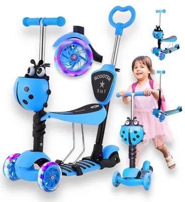 Produktbild von Asato Kinderscooter 5-in-1 mit LED-Rädern, Sitz und Schiebestange – Blau – Klappbarer Dreirad-Roller für Kinder – Balance-Scooter