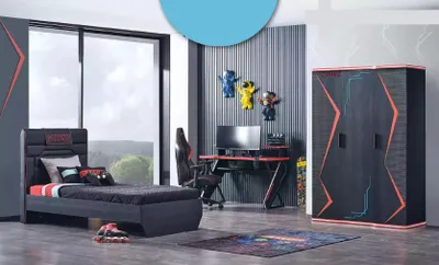 Image de Gamer Chambre d'enfant Noir Lit Table Armoire 3pcs.