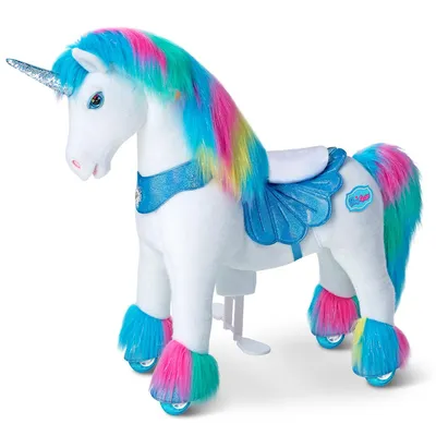 Immagine prodotto di PonyCycle Modello Y Unicorno Cavalcabile di Peluche per Bambini dai 4 ai 7 Anni, Unicorno Arcobaleno su Ruote con Suoni e Freno – Y454
