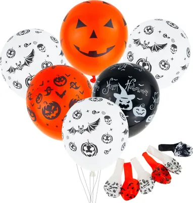 Zdjęcie produktu dla Balony lateksowe, różne kolory, różne motywy, z motywem Halloween, z dyniami, zestaw 6 sztuk.