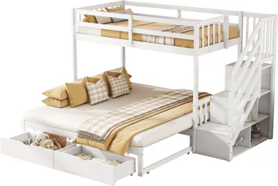 Produktbild von Merax Etagenbett Kinderbett 90x200cm, Stockbett mit Ausziehbett, 2 Schubladen, Lagerleiter, Lattenrost, Kiefernholz, Hochbett, Jugendbett, Weiß
