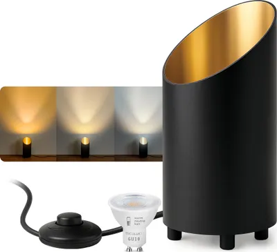 A black cylindrical floor lamp with a gold interior, shown with a separate LED bulb and a floor switch. A strip of images shows the lamp casting light in different color temperatures.
