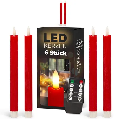 Produktbild von Stabkerzen LED mit Timer ROT 6 Stück indoor - 6 Stunden - ECHTWACHS 23cm Höhe für Kerzen 2,2cm Durchmesser 2 AAA Batterien notwendig LED Stabkerzen 4er Set ROT (zwei Mal) bewegliche Flamme Licht