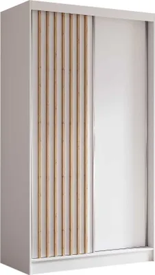 A white wardrobe with slatted wooden doors and a mirrored door.