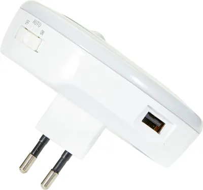 A white LED night light with a USB port and a switch is shown against a white background.