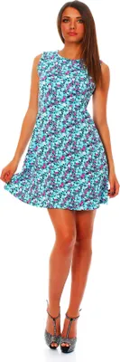 Produktbild von 9001 Mississhop Damen Sommer A-Linie Kleid luftiges Minikleid Top Tunika Shirt Rundhals Hellblau mit Muster L