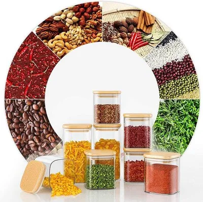 Produktbild von Gläserne Vorratsbehälter-Set mit Deckel aus 12 Stück quadratischen Gläsern, luftdicht, für Kaffee, Tee, Kräuter, Waschmaschinensicher