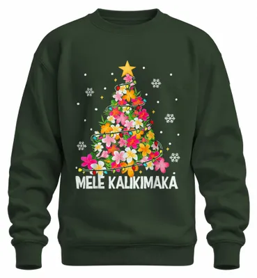 Imagen del producto de "Mele Kalikimaka Hawaii", "Árbol de Navidad", "Navidad tropical", sudadera, color verde botella, talla L