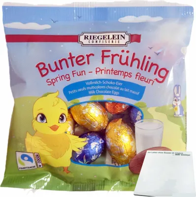 Produktbild von Riegelein Bunter Frühling Vollmilch-Schoko-Eier (100g Packung) + usy Block