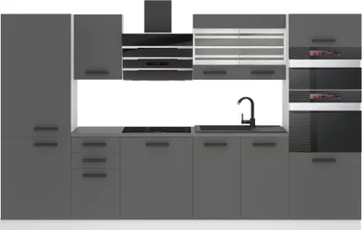 Obrázek produktu pro Belini kuchyňská linka kuchyňský blok Mila - kuchyňský nábytek 300 cm vestavěná kuchyňská linka plně vybavená bez elektrických spotřebičů s nástěnnými a spodními skříňkami, s pracovní deskou, matná stříbrná barva