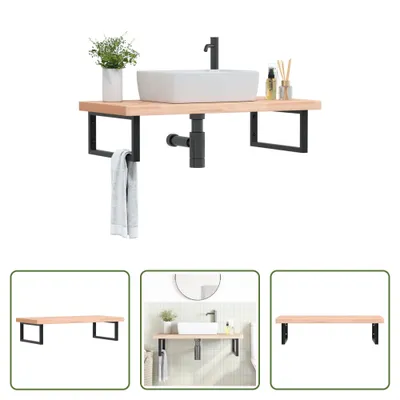 Imagen del producto de Estante para lavamanos de The Living Store, montaje en pared, acero y madera maciza de haya