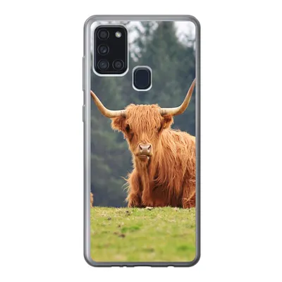 Produktbild von MuchoWow® Handyhülle Schutzhülle Hülle für Samsung Galaxy A21s Schottische Highlander - Gras - Wald Silikon Softcase Handy Hülle - Hartschale