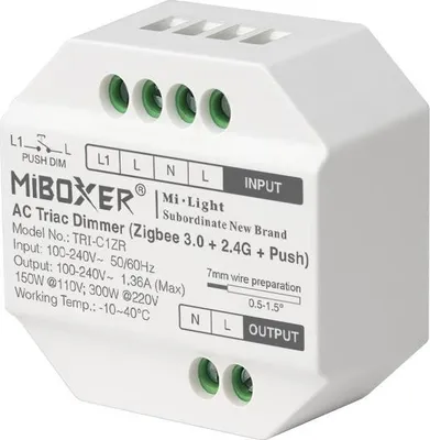 Produktbild von MiBoxer TRI-C1ZR Zigbee 3.0  und  2.4G Funk TRIAC Dimmer – für dimmbare 230 V Leuchten, Phasenabschnitt, Push-Dim