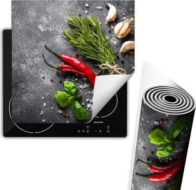 Produktbild von Herdabdeckplatte 60x52 cm Glaskeramikkochfeld Abdeckung Anti Rutsch Matte Aufrollbar, Gewürze Chili Schiefer