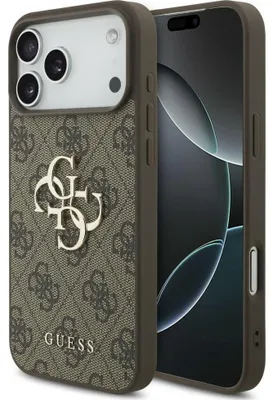 Image de Coque de protection Guess, modèle Hardcase 4G avec grand logo métallique, pour iPhone 18 Pro / 17 Pro, couleur marron