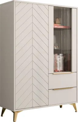 Produktbild von MIRJAN24 Vitrine Xylix 2D2SZ, Vitrine mit zwei Drehtüren und zwei Schubladen, Gold Metallfüße (Farbe: Sandbeige)