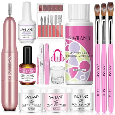 Obrázok produktu pre Sada na modelovanie akrylových nechtov: 3 farby akrylového prášku, tekutina, štetec, primer, vrchný lak, pilník na nechty