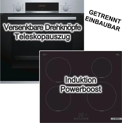 Produktbild von Herdset BOSCH Backofen EcoClean Auszug + Induktionskochfeld Booster autark 60cm