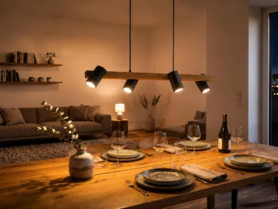 Produktbild von Holzbalken Pendelleuchte mit 4 schwenkbaren Spots Schwarz inkl. GU10 LED