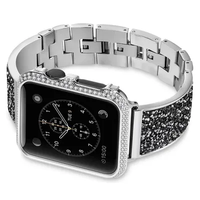 Produktbild von FFO2World Luxus-Metallarmband für Apple Watch 38–42 mm (Serie 1–11, SE) – Funkelndes, gebogenes Armband mit Strasssteinen – Silber