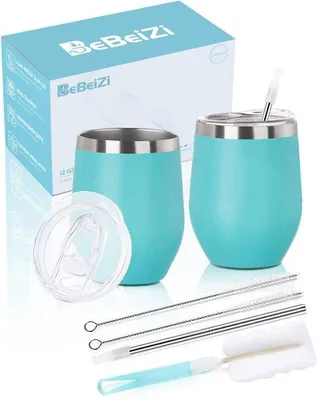 Productafbeelding van Unyqoos® Set van 2 isolerende wijnbekers, 350 ml – vacuümgeïsoleerd, roestvrij staal 18/8 (304), met deksel en rietje, dubbelwandig