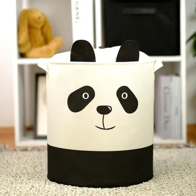 Produktbild von Faltbarer zylindrischer Wäschekorb Leinen Großer Aufbewahrungskorb für Babyzimmer Spielzeug Decken und Kleidung Organizer für Kinderzimmer und Zuhause (Panda-Motiv)