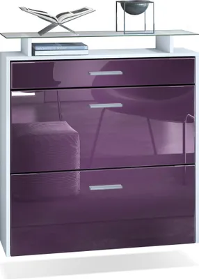 Produktbild von Vladon Schuhschrank Malea, hängender Schuhkipper für 16 Paar Schuhe mit 2 Klappen und 1 Schublade und Glasablage, Weiß matt/Brombeer Hochglanz (89 x 96 x 23 cm)
