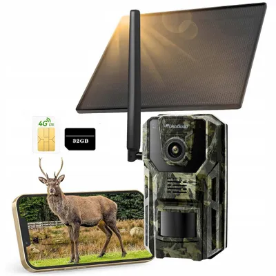 Obrázek produktu pro Usogood 4G LTE GPS kamera pro divokou přírodu se solární SIM kartou, 4K/48MP video kamera pro divokou přírodu s APP pro přenos z mobilního telefonu, živý náhled, 32GB paměťová karta