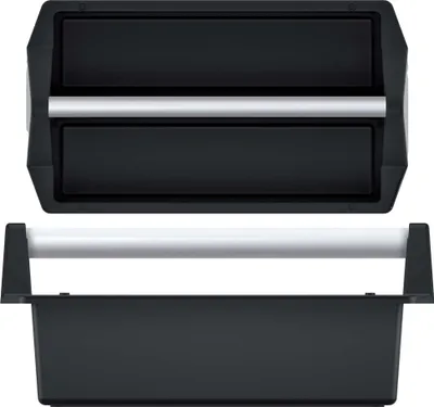 A top-down and front view of a black tool carrier with a silver handle.