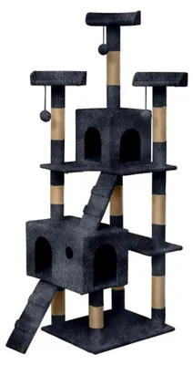 Produktbild von Katzenkratzbaum in Grau - 60 x 50 x 185 cm - Stabiler mehrstufiger Kletterbaum mit Aussichtsplattformen, Höhlen, Plüschbommeln und Sisal-Kratzstangen