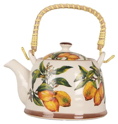 Imagen del producto de Tetera de cerámica Clayre & Eef, 800 ml, color blanco y amarillo, con filtro, diseño de limones