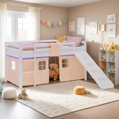 Produktbild von Homestyle4u Kinder Hochbett 90x200 Rutsche Matratze lila peach Kinderbett Weiß