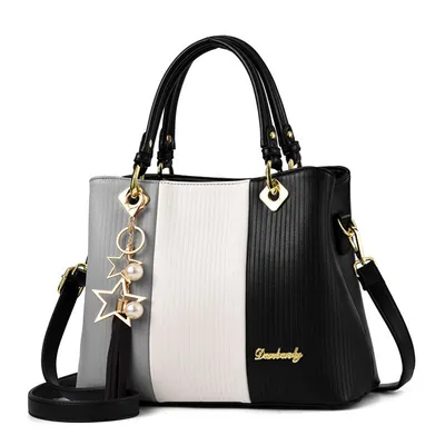 Produktbild von Damen Schultertasche Henkeltasche Stylish Verstellbarer Riemen Große Tote Bag Patchwork Satchel Umhängetasche Schwarz