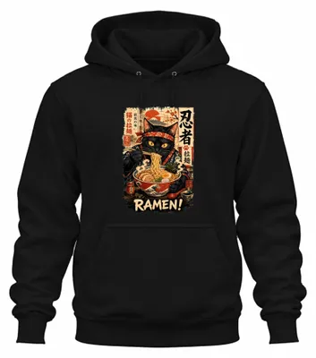Imagen del producto de Sudadera con capucha "Ramen Schwarze Katze Ninja Japan", diseño de fideos, Fuji, Y2K, estilo Ukiyo-e, color , talla M