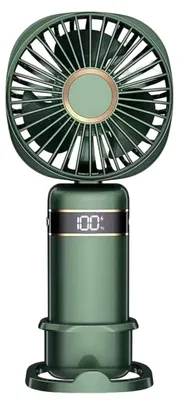 Produktbild von Tragbarer Mini-Ventilator mit 5 Geschwindigkeitsstufen, Digitalanzeige, USB-aufladbar, mit Standfuß für drinnen, Büro, draußen, Zuhause und Reisen