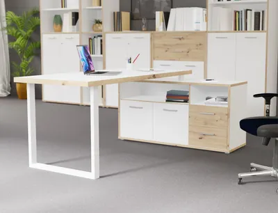 Produktbild von Schreibtisch >Keflavik< in Weiß/ Artisan Eiche  - 124,2x74,1x181cm (BxHxT)
