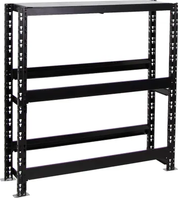 A black metal shelving unit with three shelves.