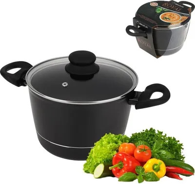 Produktbild von Hoher Aluminiumtopf mit Deckel ROYAL 20 cm 3,2 l Antihaftbeschichtung Dyflon Glasdeckel Gas-Induktion