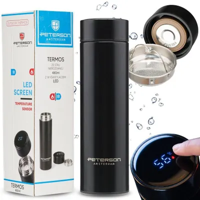 Zdjęcie produktu dla Termos Peterson z wskaźnikiem temperatury LED, 480 ml, czarny, stal nierdzewna