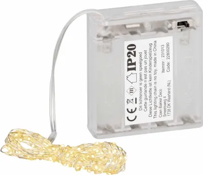 A battery-powered LED string light with a transparent battery case and a coiled string of small, warm white LEDs.