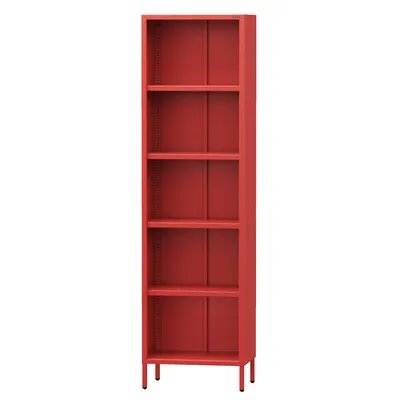 A tall, narrow, red metal bookshelf with five shelves against a white background.