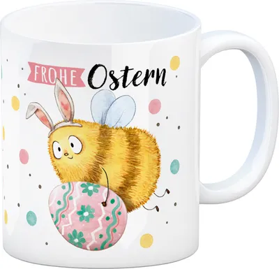 Produktbild von Pummel Biene Kaffeebecher mit Spruch Frohe Ostern