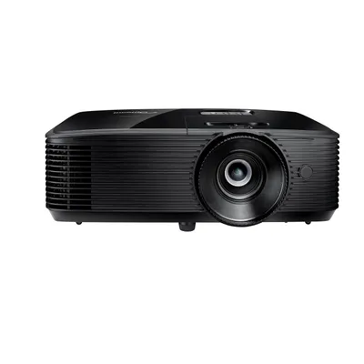 A black projector is shown from the front on a white background.