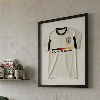 Immagine prodotto di K-Möbel Premium Cornice per maglie in vero legno, nera, 40x50 cm, per maglie da bambino e magliette da tifoso -  Germany - Cornice per maglie con sfondo bianco e cornice extra larga - Cornice a vetrina per maglie