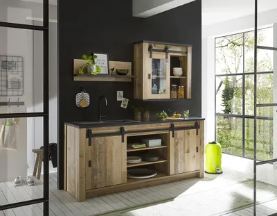 Produktbild von Küchen Set 3-teilig mit Unterschrank, Hängeschrank und Regal SHELTON-61 in Old Style hell Nb. mit anthrazit