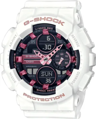 A white Casio G-Shock watch with pink accents is displayed against a white background.