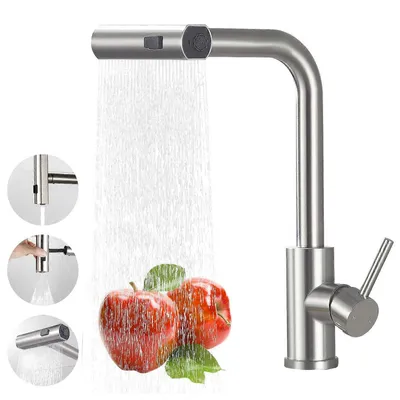 Produktbild von Küchenarmaturen, Spültischarmatur, Küchenarmatur, Wasserhahn Küche mit Herausziehbarer Brause, SUS304 Edelstahl, 3 Strahlarten, 360° Schwenkbarer