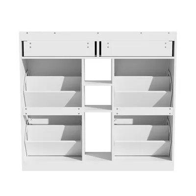 Produktbild von Merax Schuhschrank mit 4 Klapptüren, 2 Schubladen & 3 offenen Fächern – Platzsparender Flurschrank für moderne Eingangsbereiche (110 x 26 x 100 cm)